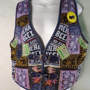 No! Jeans Vest 100% Cotton, Buckles, Pocket, Yellow Button. Patchwork Women's L